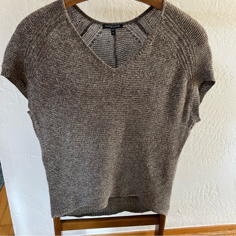 Eileen Fisher Linen Open Knit Sweater Petite Small Brown Dolman V Neck Top